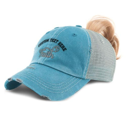 Ponytail Cap Women's Baseball Cap Embroidered Faith Christian Cross Faith Jesus Christ Cotton - color: Turquoise Personalized Text Here