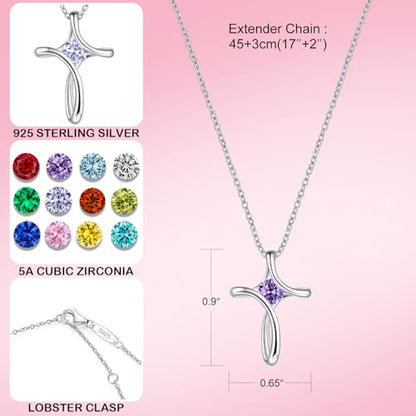 Cross Necklace for Women 925 Sterling Silver Birthstone Necklace for Women - color: 02-Feb-Amethyst