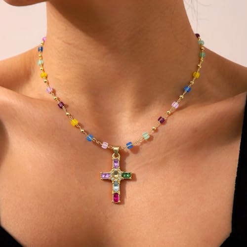 Rainbow Cross Necklace Choker for Women, Colorful Shiny Rhinestones Cubic Zirconia Charm Necklace Dainty Faith Cross Pendant Necklaces Faith Christian Costume Easter Jewelry Gift for Her