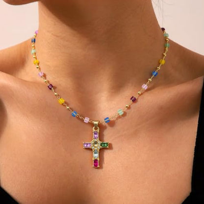 Rainbow Cross Necklace Choker for Women, Colorful Shiny Rhinestones Cubic Zirconia Charm Necklace Dainty Faith Cross Pendant Necklaces Faith Christian Costume Easter Jewelry Gift for Her