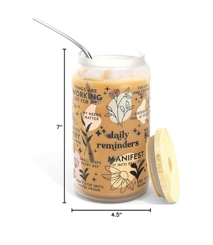 Daily Affirmation Iced Coffee Cup [Frosted], 16 oz Glass Cups with Bamboo Lids and Straws |Mason Jar Drinking & Glass Tumbler with Straw and Lid | Boba Cup, Beer Can for Mental Health - color: Clear