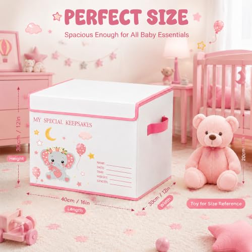 Baby Memory Keepsake Box 16x12x12 Inch Elephant Dinosaur Pattern - color: pink