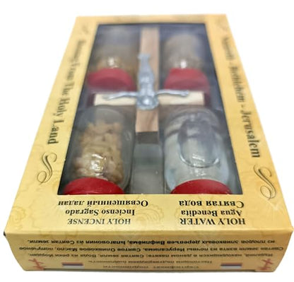Zuluf Holy Land Set 5 in 1 Olive Wood Cross Set with 4 Bottles - Oil, Jordan Water, Holy Earth and Incense from Jerusalem | Catholic Orthodox Blessing Set from Israel | Religious Israel Gift HLG005