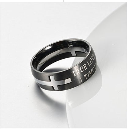 Men's Stainless Steel 8MM Bible Verse Christian Purity Cross Ring Band 1 Timothy 4:12 - color: Black Silver