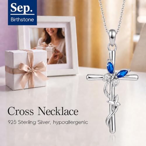 Distance Cross Necklace for Women 925 Sterling Silver Jewelry Pendant Necklace for Mom Wife Gift for Mother's Day or Birthday - style: 09-Sapphire