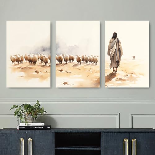 Reateforin Set of 3 Christian Prints Jesus Leaves the 99, The Lost Lamb Print,Jesus Wall Art Christian Wall Decor for Home Religious Gifts Bible Verse Art Bible Story Artwork for Living Room 24"x36" - color: beige gray jesus lamb art, size: 24x36 inches,