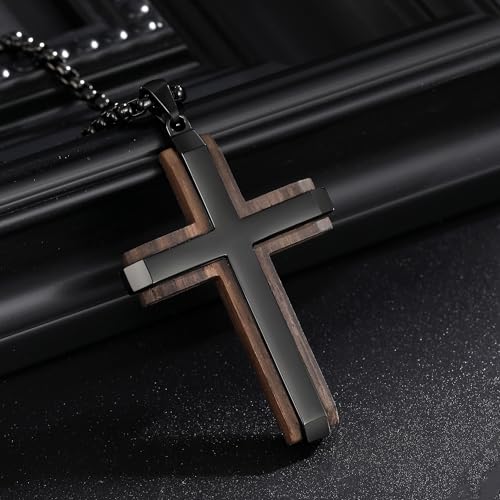 Wooden Cross Necklace for Men With Stainless steel And Black Ebony Adjustable Box Chain 24–26 inches Suitable for Everyday Wear And Christian Gifts for Men - color: Black-M