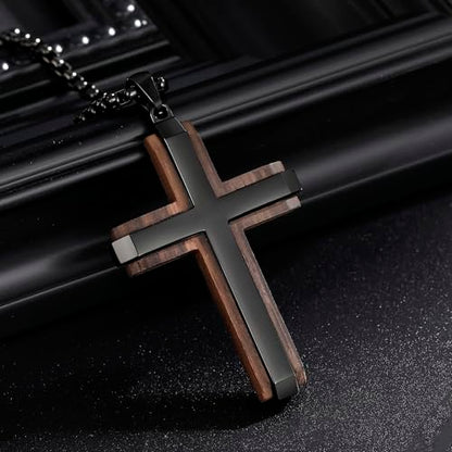 Wooden Cross Necklace for Men With Stainless steel And Black Ebony Adjustable Box Chain 24–26 inches Suitable for Everyday Wear And Christian Gifts for Men - color: Black-M