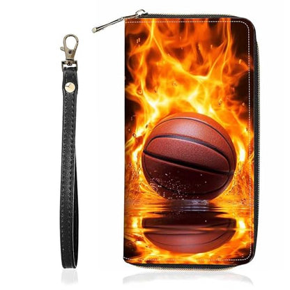 Burning Basketball Print Wallet for Women Large Capacity Wallet Credit Card Holder PU Leather Zipper Clutch Purse Phone Wallet - color: Burning Basketball