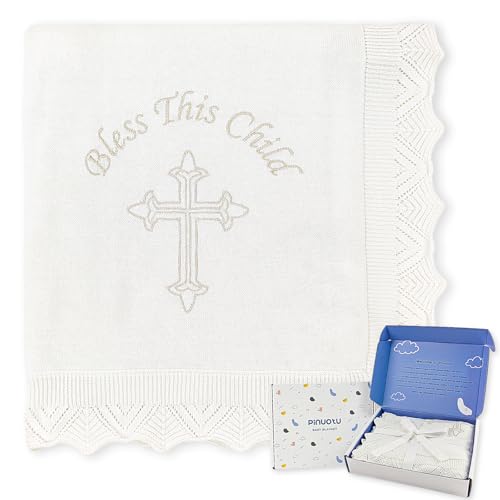 Baby Baptism Blanket, White Cotton Knit Christening Gift, 40x31in - color: Bapatism Double Border Blanket