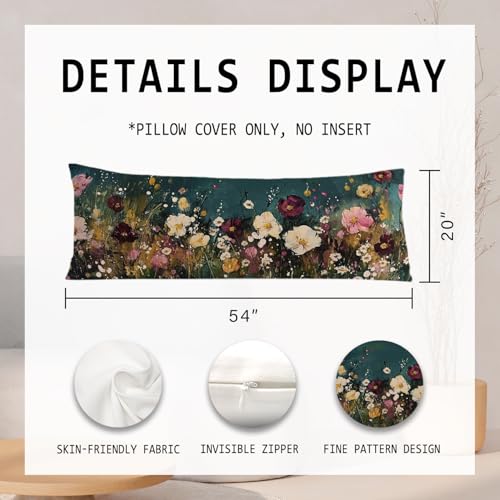 Abstract Retro Wildflowers 20x54 Body Pillow Cover, Floral Room Decor, Botanical Decor, Vintage Dark Cottagecore Flower Aesthetic Decorative Long Body Pillow Cases for Bed Couch - color: Nature-8