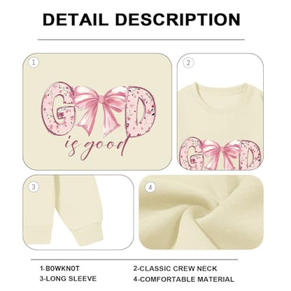 KEEVICI God Is Good Christian Sweatshirts for Women Bow Jesus Cute Bible Verse Sweatshirt Faith Religious Graphic Hoodies - color: Apricot, size: Medium