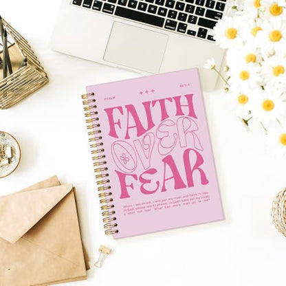 Wheatwin Faith Over Fear Christian Notebook, Bible Journal, Prayer Journal for Women & Men, Church Notes Journal, Scripture Hardcover Spiral Notebook 5.5x8.3 in - Pink - color: Faith over fear - Pink (bible-pink)