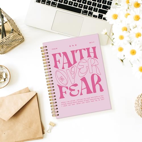 Wheatwin Faith Over Fear Christian Notebook, Bible Journal, Prayer Journal for Women & Men, Church Notes Journal, Scripture Hardcover Spiral Notebook 5.5x8.3 in - Pink - color: Faith over fear - Pink (bible-pink)