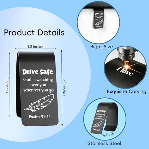 Drive Safe Christian Car Visor Clip Stainless Steel, God is Watching Over You Psalm 91:11 Engraved Reminder, Faith Based Safe Driving Gift, Religious Car Accessory for Men Women EDG38 - color: Black-G38