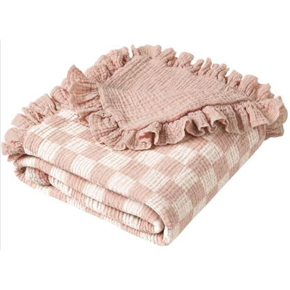 Konssy 100% Cotton Muslin Baby Blanket with Ruffle Trim for Girls, 43"x39" - color: Rosy Check