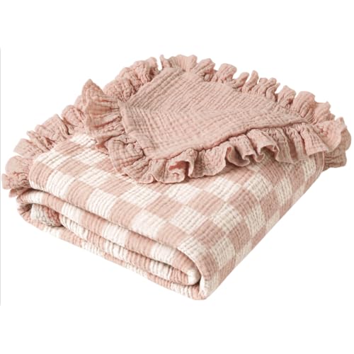 Konssy 100% Cotton Muslin Baby Blanket with Ruffle Trim for Girls, 43"x39" - color: Rosy Check
