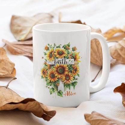 Faith Cross With Sunflowers Design On Mug, Personalized Christian Ceramic Cup, Custom Name Coffee Mug 15oz, Inspirational Bible Verses White Cup, Religious Gift For Friend Family - color: XUA-624-2301-Faith Cross