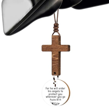 Christian Gifts for Men, Daily Bible Verse Cross for Car Mirror Hanging - color: Psalm 91:11 (White)