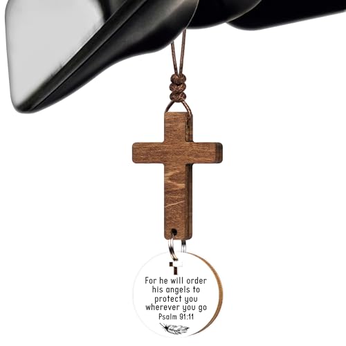 Christian Gifts for Men, Daily Bible Verse Cross for Car Mirror Hanging - color: Psalm 91:11 (White)