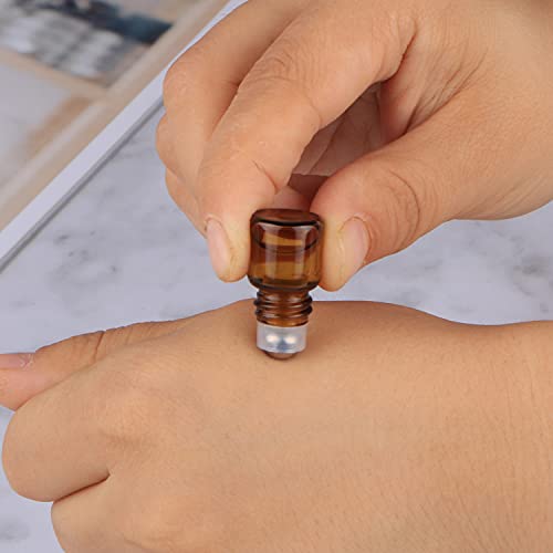 Wresty 25 Pcs Essential Oil Glass Roller Bottles Mini Tiny Refillable Empty Aromatherapy Perfume Liquid Amber Glass Roll On Bottles Vials Metal Rollerball Bottles Jar (1ml)