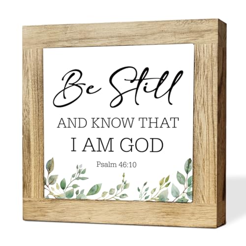 Christian Home Wooden Decor Sign, Be Still And Know That I Am God Psalm 46:10, Rustic Desk Decor For Bedroom Office Shelf, Gift For Women, Housewarming Gift, 5.9 x 5.9 in - color: Religion Sign 02