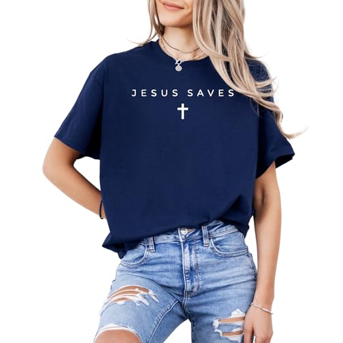 Jesus Saves Christian T-Shirt – Minimalist Faith-Based Cross Tee – Inspirational Religious Shirt for Believers - color: Navy, size: Medium
