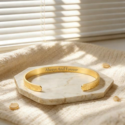 Inspirational Bible Verse Cuff Bracelet for Women, 18K Gold Plated Hammered Bangle, Christian Faith Jewelry Gift, Adjustable Non Tarnish - color: ALWAYS AND FOREVER-Hammered Gold