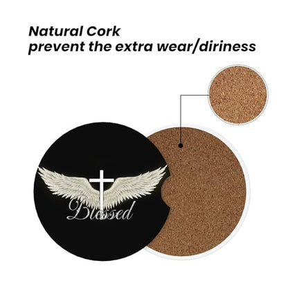 Blessed Cross Wing Car Cup Holder Coasters 2 Pack 2.63" for Women - color: White