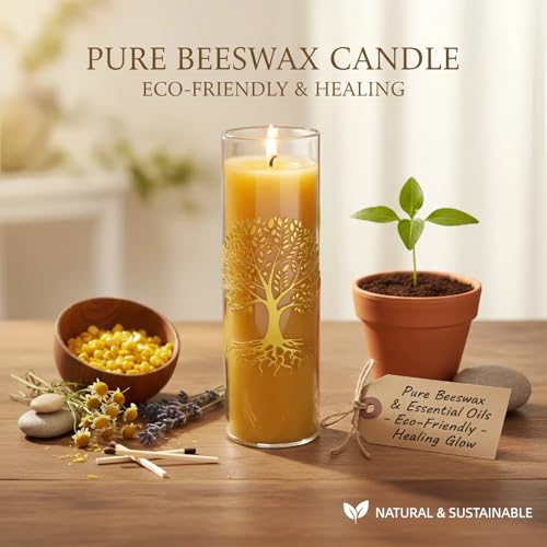 CYS-Edge Tree of Life Pure Beeswax Prayer Candles in Glass Jars, 3 Pack, 204-Hour Total Burn, 1.8 x 5.9 Inch, Yellow Christian Devotional Candles - size: 1.8 x 6inches