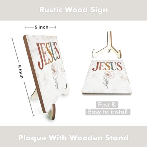 Christian Gifts Desk Decor, Rustic Wood Sign, Boho Faith Religious Bible Verse Quotes Decorative Desk Accessories for Home House Decor Office Accessories Cute Bohemian Jesus Table Shelf Wooden Sign - color: JesusFlower