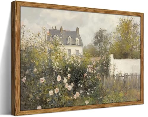 Framed Vintage Wall Art, French Country Rose Garden Pictures Wall Decor Paintings Rustic Country Spring Landscape Canvas Print Aesthetic Home Decor for Living Room Bedroom Bathroom-12×16in - color: Country House, size: 16"L x 12"W