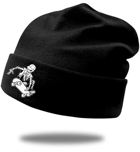 Black Flexible Classic Adult Beanie Cap for Men Women - Warm Knitted Hat for Winter, Chemo Cap Headwear - color: Skull Skateboard