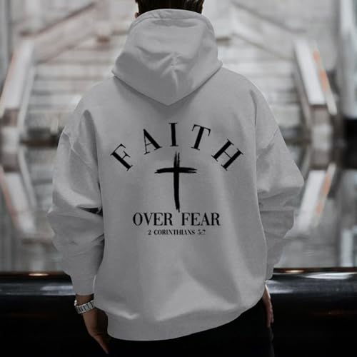 Men Faith Over Fear Christian Cross Graphic Pullover Hoodie - color: Grey, size: Medium