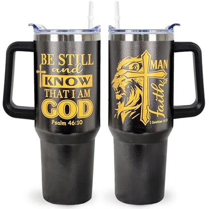 Christian Gifts for Men 40 Oz Be Still and Know That I am God Christian Tumbler Cup Inspirational Religious Gifts for Father Dad Husband Brother Friends Christians Faith Jesus God Bible Verse Gift - color: Be Still and Know That I am God 01