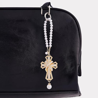 Car Rear View Mirror Hanging Cross Charm, Christian Car Accessories, Rearview Mirror Accessories, Cross for Car, 18K Gold Plated Brass with CZ Crystals & Pearl Beads, Faith Gift for Drivers Safe Travel
