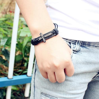 Religious Cross Leather Bracelet Adjustable Bangle Braided Jewelry for Men Cross Alloy Bracelet - color: Black