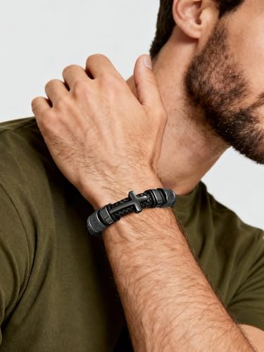 Black Cross Cuff Bracelet for Men, Philippians 4:13 Stainless Steel Braided Leather Bible Verse Jesus Bracelets Inspirational Faith Gift for Dad Brother Son Religious Baptism Confirmation Gifts - color: B-Black Cross Joshua 1:9, size: 8.3 Inches