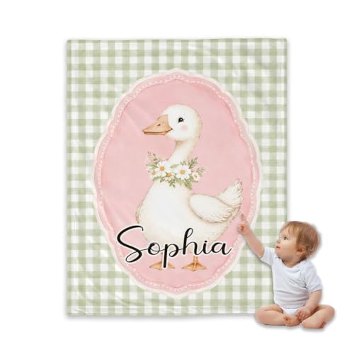 Personalized Goose Baby Blanket, Green Gingham Nursery Throw Gift - color: #Ver3