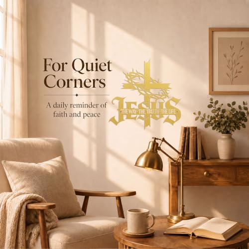 Jesus Wall Art Cross Wall Decor with Crown of Thorns - Metal Christian Wall Art "The Way The Truth The Life" Sign, Gold Iron Religious Wall Art & Christian Wall Decor for Home Living Room Church-Gold - color: Gold 13 x 12.7 in