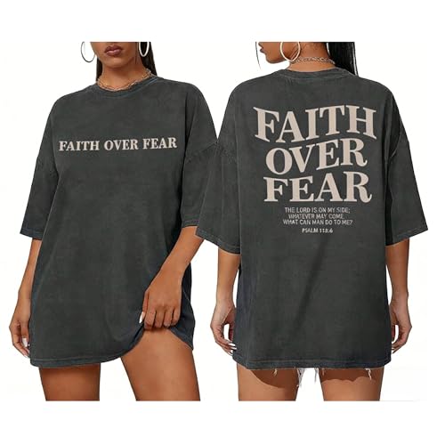 Faith Over Fear Shirt for Women Graphic Shirts Oversized Graphic Christian Tshirts Tees Tops - color: Gray, size: XX-Large
