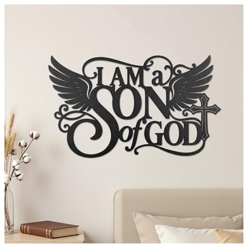 CUMMOSP Metal Teen Boy Room Wall Decor - I Am a Son of God Wall Art Sign, Christian Faith Decor with Cross & Wings, Motivational Bible Verse Decor for Boys Bedroom, Playroom, Living Room, Bathroom - color: black-