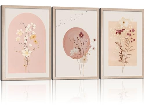 MochaMilly 3Pcs Framed Watercolor Flower Wall Art Wildflower Floral Wall Decor Pictures Botanical Canvas Wall Art Vintage Prints Boho Flower Painting Minimalist Floral Poster for Room Bedroom 24”x16” - color: Botanical Prints, size: 24"x16"
