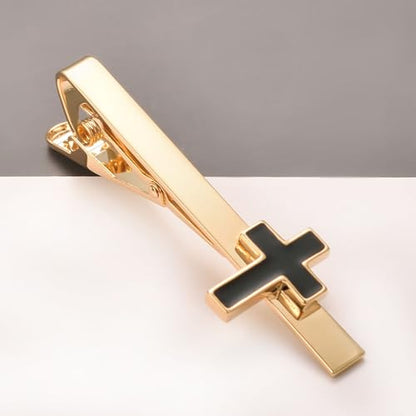 Silver Gold Cross Tie Clip for Men CZ Mother of Pearl Oil Drip Tie Bar Clip Personalized - color: gold