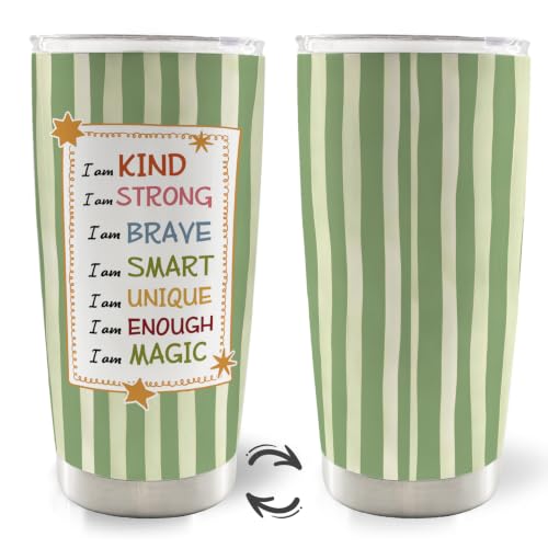 Green Striped Inspirational Kids 20oz Travel Coffee Mug Tumbler - color: iam2