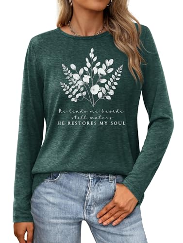 Christian Shirts for Women: Faith Over Fear T Shirt Religious Graphic Tee Bibel Verse Long Sleeve Tops - color: Green, size: X-Large