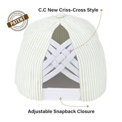 C.C Women's Criss-Cross Ponytail Trucker Hat - Snapback, One Size - color: Cotton Stripe-sage