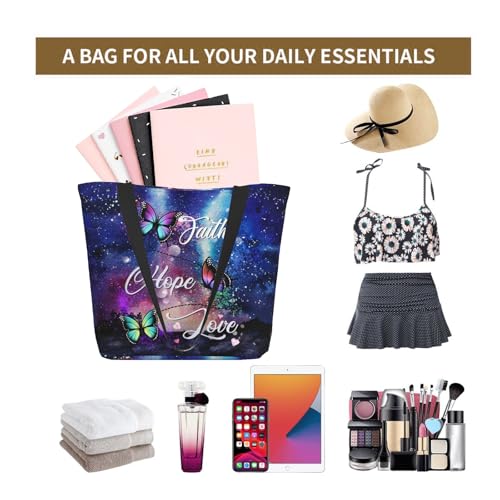 Women's Canvas Tote Bag with Zipper, Large Capacity Shoulder Bag for Work, Travel & Daily Use, Gifts for Mom - color: Faith Hope Love