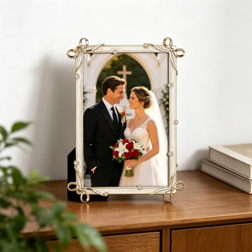 Metal Photo Picture Frame, 4x6 Inch, Bow Design with Rhinestones, Decorative Picture Frame, Classic Home Collection, Wedding Gifts (Gold) - color: Gold