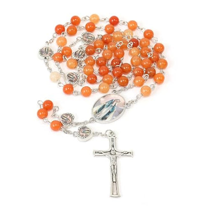 Nazareth Store Natural Stone Beads with Miraculous Epoxy Heart Metal Beads Rosary Necklace Gemstone Christian Gifts - color: Red Aventurine